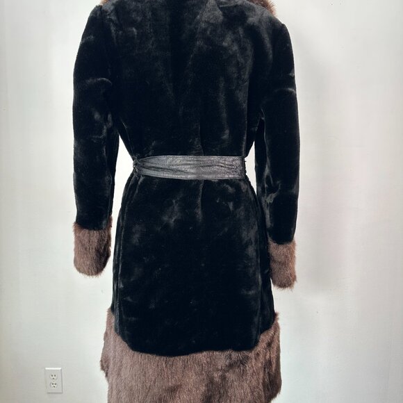 Vintage Faux Fur Trench Coat Boho Mob Wife 2 Tone Black Brown w/Belt  S/M - Picture 4 of 6